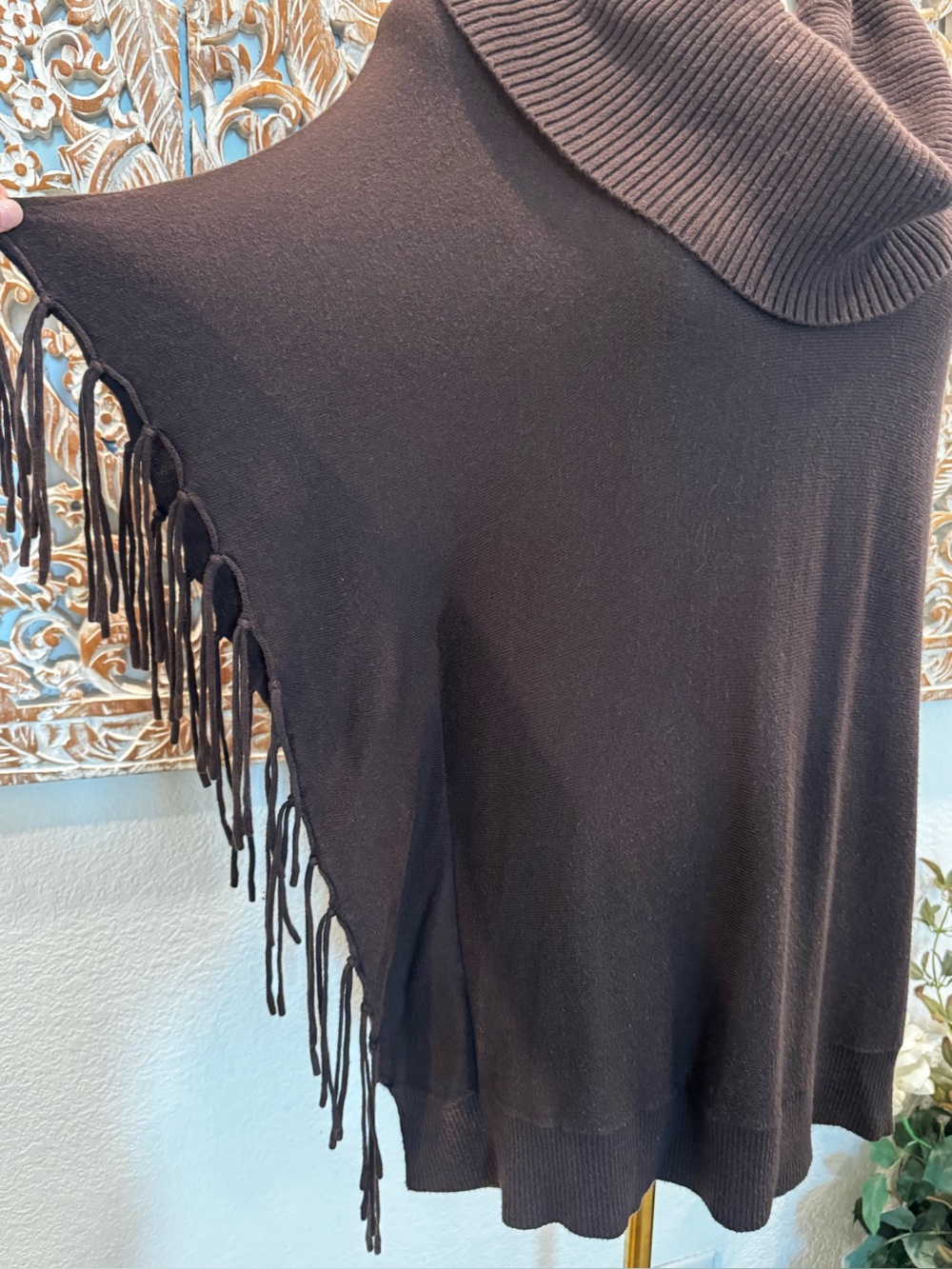 Michael Kors Brown Cowl-Neck Fringe Poncho, Soft Cozy - Picture 8 of 15